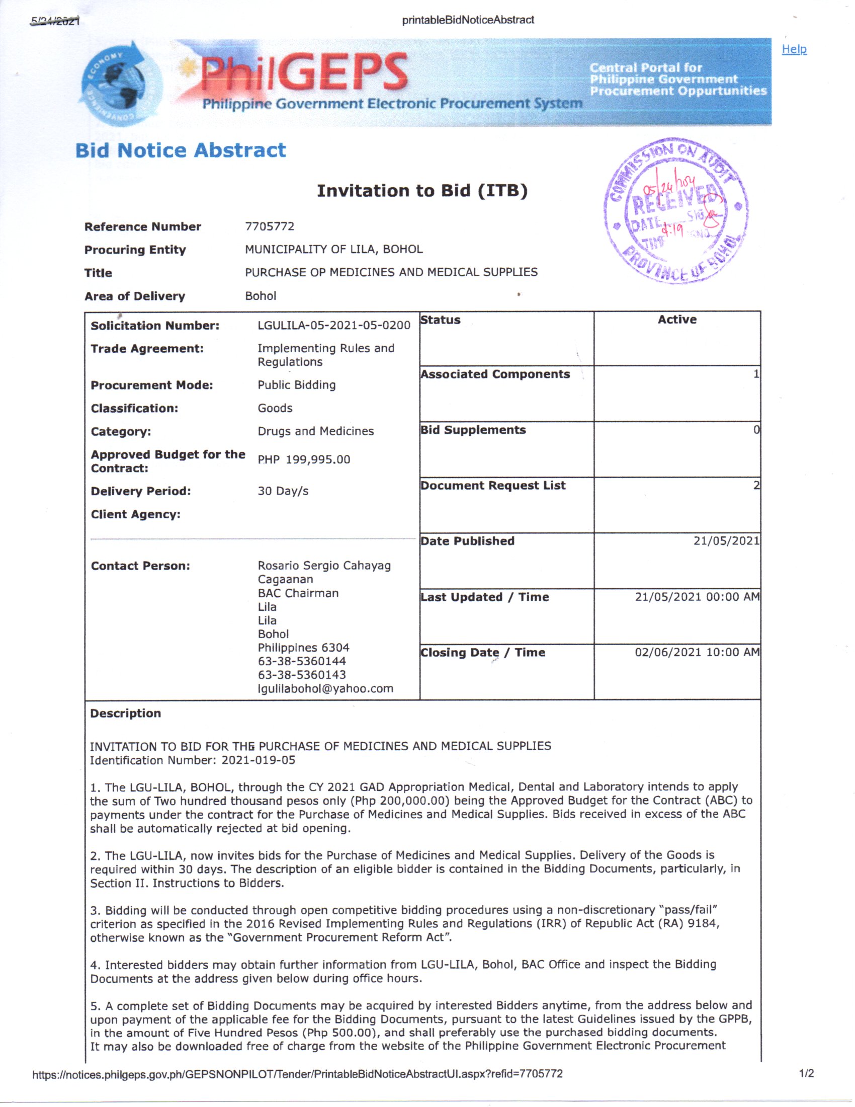 Municipality Of Bohol ITB: PURCHASE OF MEDICINES AND SUPPLIES