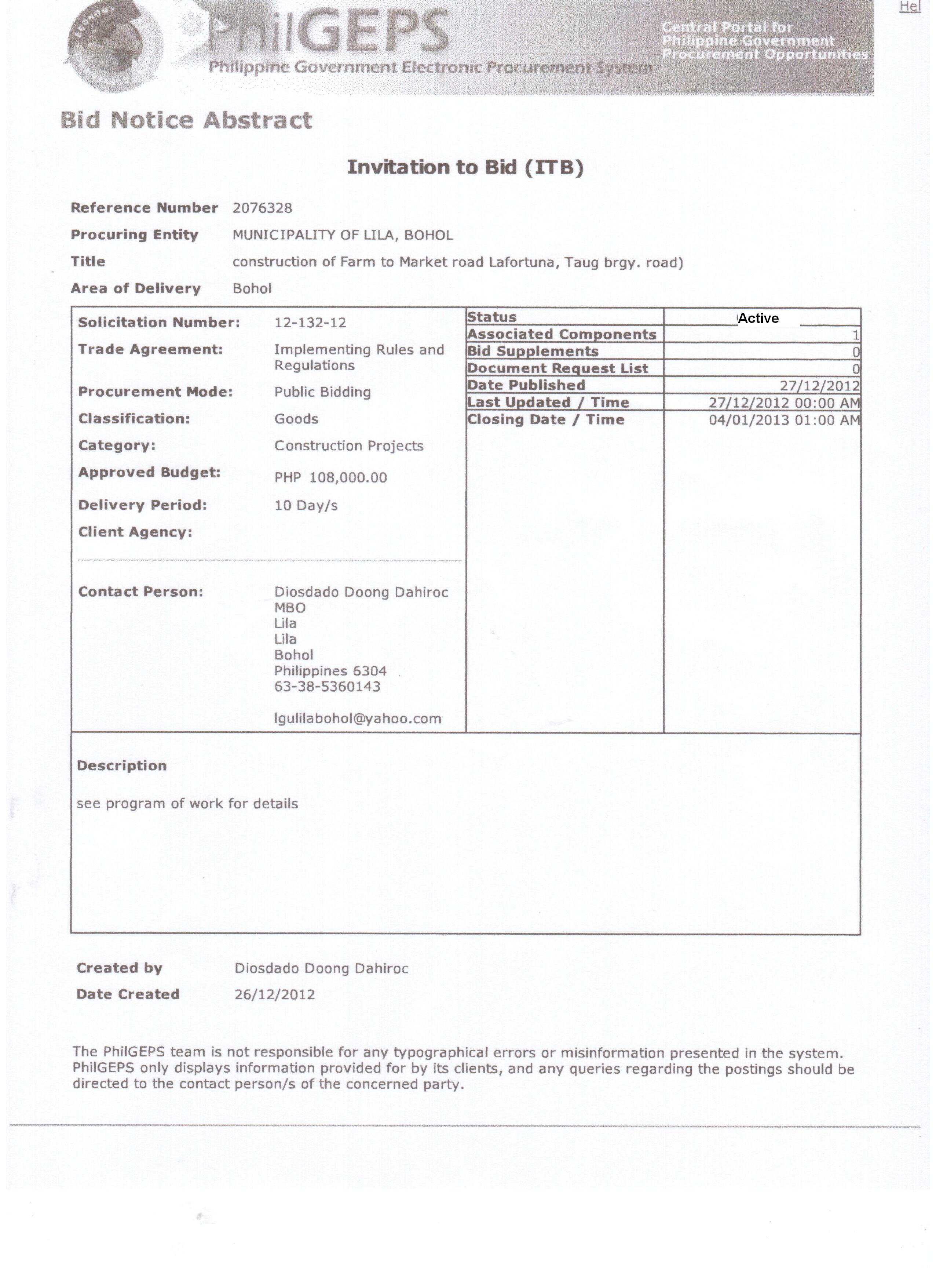 Municipality Of Lila, Bohol » ITB : Construction/Rehabilitation of FMR ...